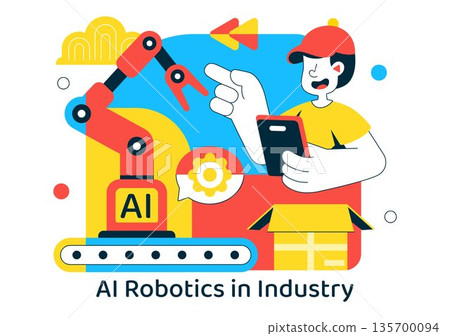 AI Robotics In Industry Vector Illustration Featuring Smart Automation, Industrial Robots, Advanced Manufacturing Technology Background 135700094