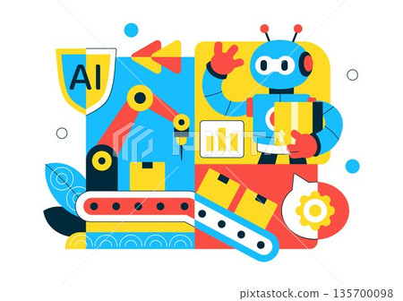 AI Robotics In Industry Vector Illustration Featuring Smart Automation, Industrial Robots, Advanced Manufacturing Technology Background AI Robotics In Industry Vector Illustration Featuring Smart Automation, Industrial Robots, Advanced Manufacturing Technology Background 135700098