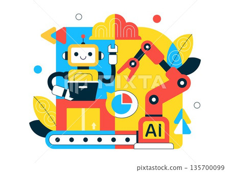 AI Robotics In Industry Vector Illustration Featuring Smart Automation, Industrial Robots, Advanced Manufacturing Technology Background 135700099