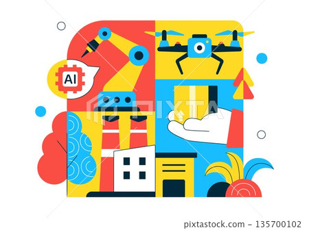 AI Robotics In Industry Vector Illustration Featuring Smart Automation, Industrial Robots, Advanced Manufacturing Technology Background 135700102