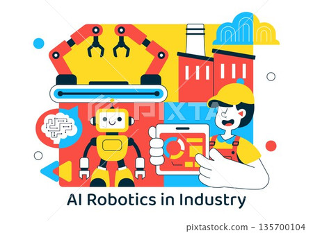 AI Robotics In Industry Vector Illustration Featuring Smart Automation, Industrial Robots, Advanced Manufacturing Technology Background AI Robotics In Industry Vector Illustration Featuring Smart Automation, Industrial Robots, Advanced Manufacturing Technology Background 135700104