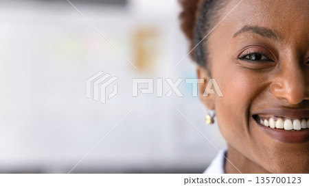 Close up cropped view half face of smiling African businesswoman Close up cropped view half face of smiling African businesswoman 135700123