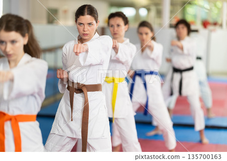Group of women training karate techniques in studio Group of women training karate techniques in studio 135700163