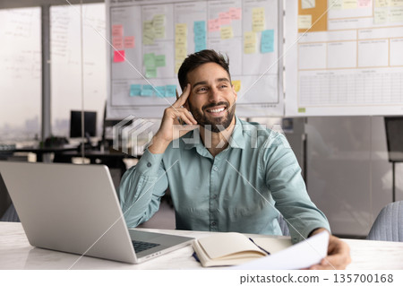 Pensive professional man brainstorming ideas feeling inspired and motivated 135700168