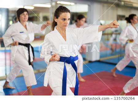 Group of women training karate techniques in studio Group of women training karate techniques in studio 135700264