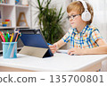 Young Boy Learning Online with Tablet and Headphones at Home 135700801