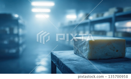 Close-up of Wrapped Butter Block in Cold Storage with Blue-Tinted Lighting Close-up of Wrapped Butter Block in Cold Storage with Blue-Tinted Lighting 135700958