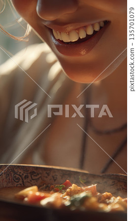 Close-up of Smiling Face Enjoying Homemade Dish in Warm Light Close-up of Smiling Face Enjoying Homemade Dish in Warm Light 135701079