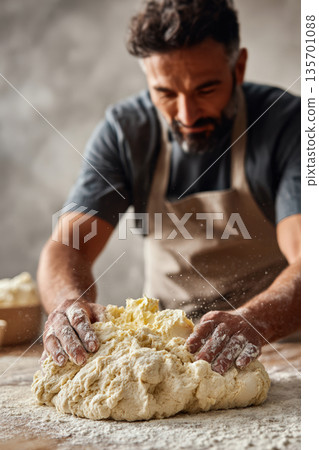 Baker Finishing Dough Preparation with Butter in Calm Focused Setting 135701088