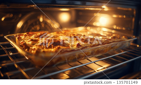 Close-up of Lasagna Baking in Oven with Warm Light and Glass Reflections 135701149