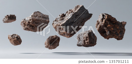 Floating Iron Ore Rocks on Light Gray Background with High-Key Lighting Floating Iron Ore Rocks on Light Gray Background with High-Key Lighting 135701211