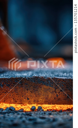 Close-up of Slag Removal from Molten Steel with Sharp Texture Contrast 135701214
