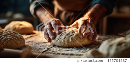 Close-Up of Artisan Baker Checking Dough Consistency in Balanced Lighting Close-Up of Artisan Baker Checking Dough Consistency in Balanced Lighting 135701287