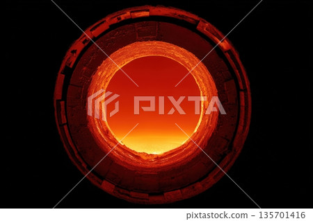 Top-Down View of Molten Steel in Circular Vessel with Intense Central Glow Top-Down View of Molten Steel in Circular Vessel with Intense Central Glow 135701416