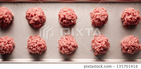 Top-Down View of Ground Meat Portions on Tray with Neutral Background Top-Down View of Ground Meat Portions on Tray with Neutral Background 135701418
