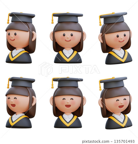 3D render of a happy female student in graduation gown and academic cap, graduation concept illustration 3D render of a happy female student in graduation gown and academic cap, graduation concept illustration 135701493