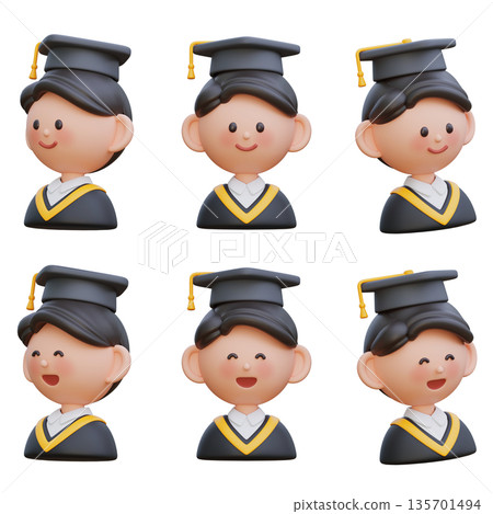 3D render of a happy male student in graduation gown and academic cap, graduation concept illustration 3D render of a happy male student in graduation gown and academic cap, graduation concept illustration 135701494