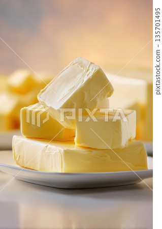 Pristine Butter Blocks on Plate with Soft Gradient Backdrop Pristine Butter Blocks on Plate with Soft Gradient Backdrop 135701495