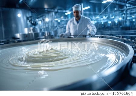 Technician Monitors Cream Separation in Dairy Centrifuge Process Technician Monitors Cream Separation in Dairy Centrifuge Process 135701664