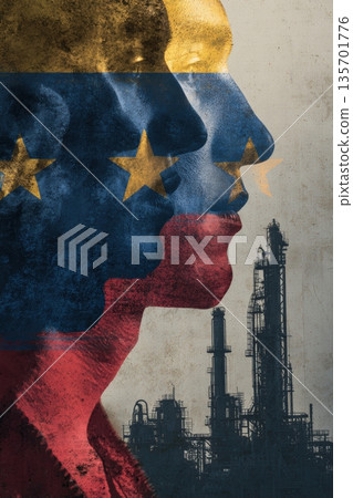Venezuelan Flag with Industrial Silhouette in Socio-Political Art Composition 135701776