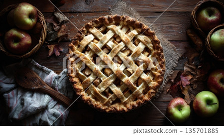 Rustic Apple Pie with Hand-Cut Lattice Crust on Wooden Table in Cozy Autumn Setting 135701885