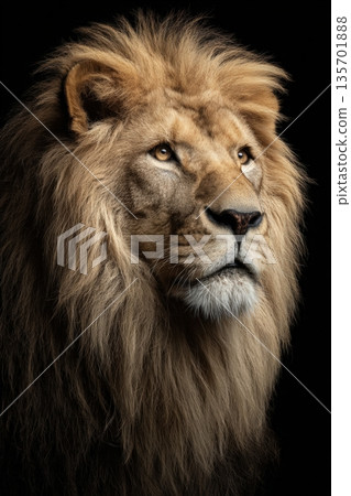 Majestic Lion Portrait with Golden Mane in Studio Setting 135701888