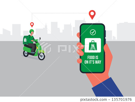 Hand holding mobile application tracking a delivery man stock illustrationHand holding mobile application tracking a delivery man stock illustration Hand holding mobile application tracking a delivery man stock illustrationHand holding mobile application tracking a delivery man stock illustration 135701976