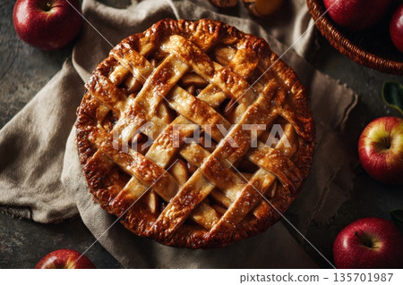Apple Pie with Lattice Crust in Warm Fall Kitchen Setting 135701987
