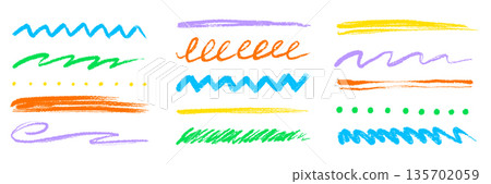Colorful hand drawn brush strokes and underline set. Textured chalk pencil marks, crayon scribbles, chalk color lines. Crayon texture brush stroke rough highlight shapes. Vector 135702059
