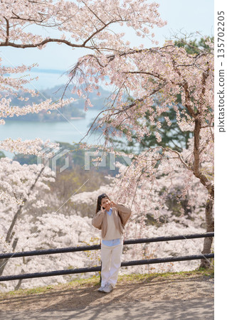 Woman tourist sightseeing Sakura Cherry Blossom in Spring. Happy traveler travel at Saigyo Modoshi no Matsu over Matsushima Bay in Matsushima, Miyagi Prefecture, Japan. Famous Landmark and Vacation Woman tourist sightseeing Sakura Cherry Blossom in Spring. Happy traveler travel at Saigyo Modoshi no Matsu over Matsushima Bay in Matsushima, Miyagi Prefecture, Japan. Famous Landmark and Vacation 135702205