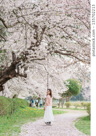 Woman tourist sightseeing Kajo Park Yamagata Castle Ruins with Sakura Cherry Blossom in Spring, happy traveler travel in Yamagata prefecture, Tohoku, Japan. famous Landmark for Travel and Vacation Woman tourist sightseeing Kajo Park Yamagata Castle Ruins with Sakura Cherry Blossom in Spring, happy traveler travel in Yamagata prefecture, Tohoku, Japan. famous Landmark for Travel and Vacation 135702213