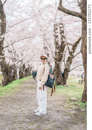 Woman tourist sightseeing Sakura Cherry Blossom in Spring. Happy traveler travel near Hinokinai River riverbank in Kakunodate town, Semboku District, Akita Prefecture, Japan. Landmark and Vacation 135702271