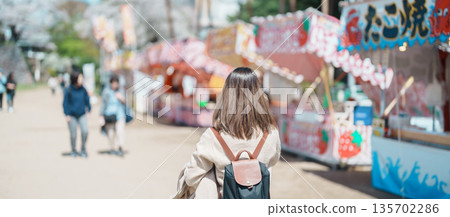 Woman tourist sightseeing Morioka Sakura Festival at Morioka Castle Ruins during Cherry Blossom in Spring, happy traveler travel in Iwate Park, Iwate prefecture, Japan. famous Landmark Travel 135702286