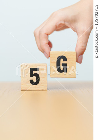 wooden block of 5G, Generation of Cellular Mobile Communications, Technology, network, Social media and digital concepts 135702715