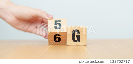 hand change wooden block from 5G to 6G, Generation of Cellular Mobile Communications, Technology, network, Social media and digital concepts 135702717