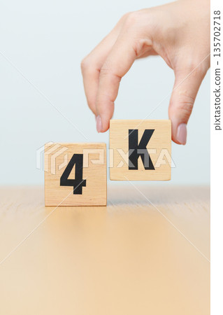 wooden block of 4K, display resolution, Ultra High Definition, UHD, pixels, Technology, network, TV streaming, Social media and digital concepts 135702718