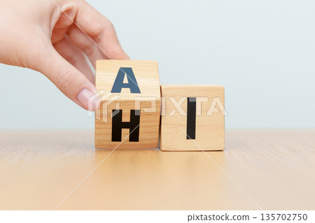 hand change wooden block from HI to AI, human and artificial intelligence, SGE, Search Generative Experience, Prompt Engineering, Hallucination, cloud computing, Algorithm and Deep learning concepts 135702750