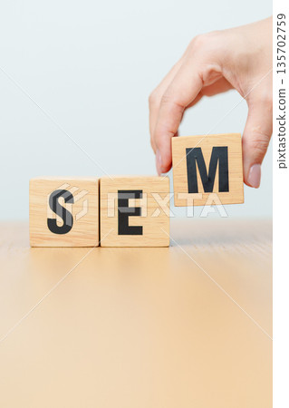 Wooden block of SEM. Search Engine Optimization, SEA, SEO, Advertising, Marketing, Idea, Strategy, Keyword, Content and technology concept 135702759