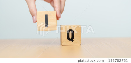 hand change wooden block from IQ to EQ, balance between intelligence quotient and emotional quotient, AQ Adversity, MQ, Moral, SQ and Social quotient concepts 135702761