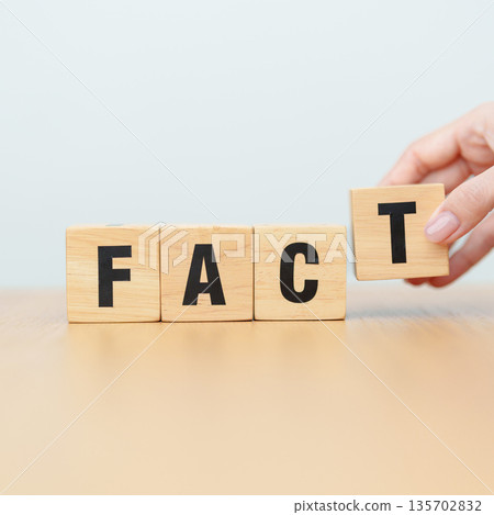 wooden block FACT. rumor News, false, myth, evidence and disinformation concepts 135702832