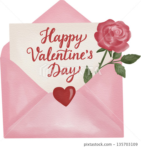 Romantic watercolor illustration of a pink envelope with a love letter reading Happy Valentines Day  sealed with a red heart and decorated with a blooming rose. 135703109