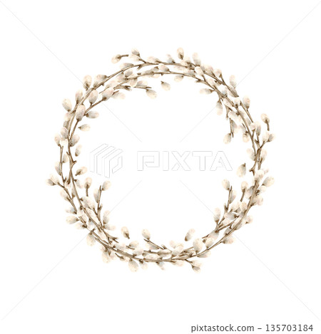 Easter wreath from willow branches. Botanical frame, template of symbol of spring religious bright holiday. Hand drawn watercolor Isolated illustration. Soft fluffy bud on twig. For Easter decor 135703184