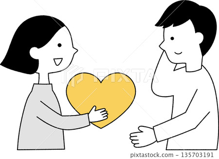 Woman handing a heart to a man, upper body, monochrome 135703191