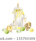 Yellow Easter cute chicks, colorful eggs and white candles watercolor illustration. Hand drawn Happy Easter clipart with wax candles,farm birds and colored eggs for festive poster,greeting card design Yellow Easter cute chicks, colorful eggs and white candles watercolor illustration. Hand drawn Happy Easter clipart with wax candles,farm birds and colored eggs for festive poster,greeting card design 135703309