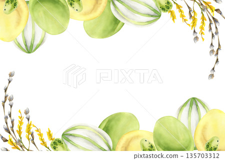: Spring Easter watercolor festive banner with colored eggs and willow branches illustration. Hand drawn green and yellow easter eggs with floral decor for poster, card design : Spring Easter watercolor festive banner with colored eggs and willow branches illustration. Hand drawn green and yellow easter eggs with floral decor for poster, card design 135703312