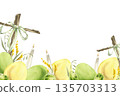 : Happy Easter watercolor banner with colored eggs, wooden cross and candles watercolor illustration. Hand drawn Spring festive background with yellow and green eggs for Easter poster,card design : Happy Easter watercolor banner with colored eggs, wooden cross and candles watercolor illustration. Hand drawn Spring festive background with yellow and green eggs for Easter poster,card design 135703313