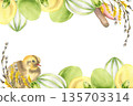 Spring festive banner with pastel colored yellow and green eggs,willow branches,cute chick and bunny ear watercolor illustration. Hand drawn Easter eggs decor,festive frame with farm animals. Spring festive banner with pastel colored yellow and green eggs,willow branches,cute chick and bunny ear watercolor illustration. Hand drawn Easter eggs decor,festive frame with farm animals. 135703314
