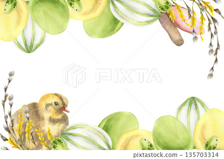 Spring festive banner with pastel colored yellow and green eggs,willow branches,cute chick and bunny ear watercolor illustration. Hand drawn Easter eggs decor,festive frame with farm animals. 135703314