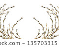 Spring floral watercolor banner with willow branches illustration. Spring branches with white pussies clipart, foliage Easter festive frame for packing ,logo, poster design. Tree part, nature painting Spring floral watercolor banner with willow branches illustration. Spring branches with white pussies clipart, foliage Easter festive frame for packing ,logo, poster design. Tree part, nature painting 135703315