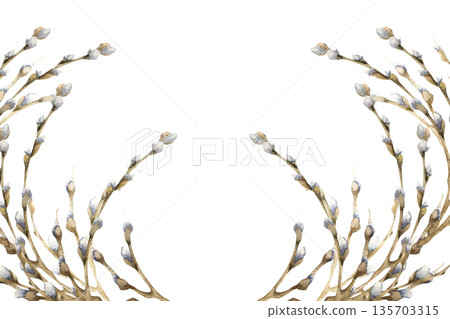 Spring floral watercolor banner with willow branches illustration. Spring branches with white pussies clipart, foliage Easter festive frame for packing ,logo, poster design. Tree part, nature painting Spring floral watercolor banner with willow branches illustration. Spring branches with white pussies clipart, foliage Easter festive frame for packing ,logo, poster design. Tree part, nature painting 135703315